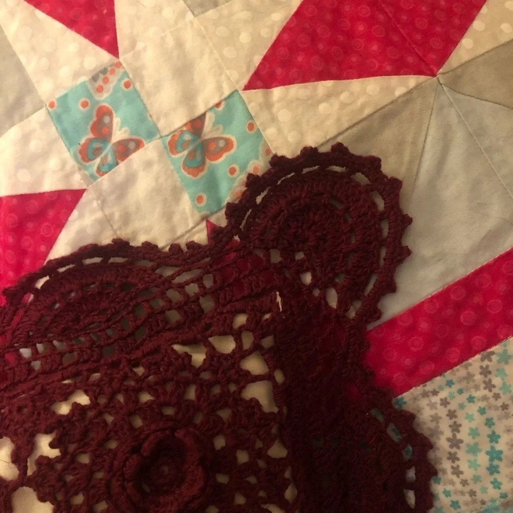 Hand Crochet Lace Top Cotton Maroon Accent Pillow with Scalloped Trim 16”